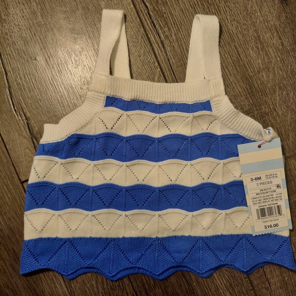 NWT Cat & Jack Girls Blue White Striped Top Size 3-6 mth & Sun hat Size 6-12 mth